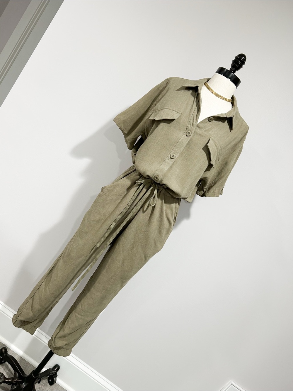 Fashion Nova Olive Short-Sleeve Drawstring Utility Jumpsuit